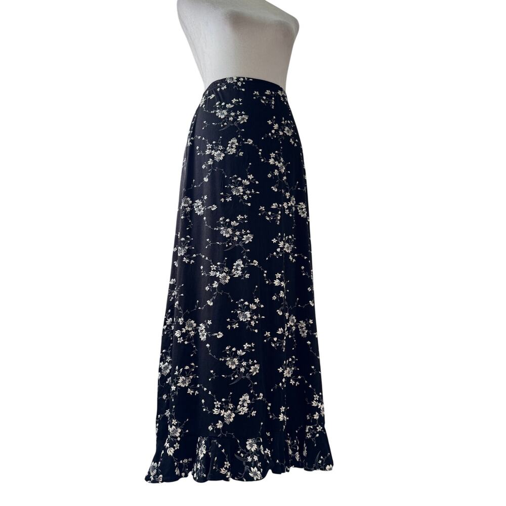 Vintage Y2K Susan Lawrence Black Floral Print Elastic Waist Maxi Skirt